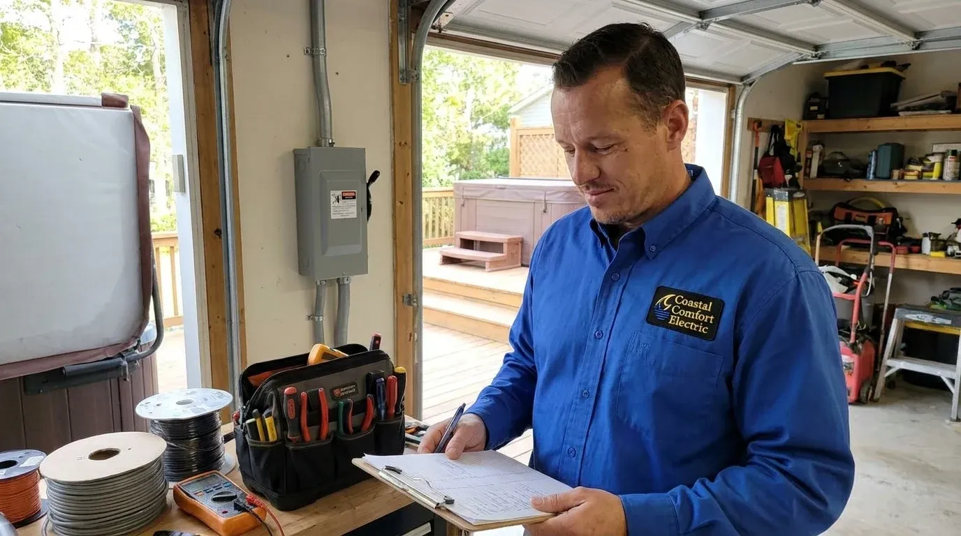Coastal Comfort Electric technician reviewing notes and materials for hot tub wiring planning.
