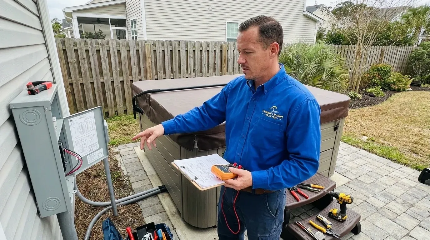 Coastal Comfort Electric technician reviewing hot tub wiring needs at a Wilmington-area home.