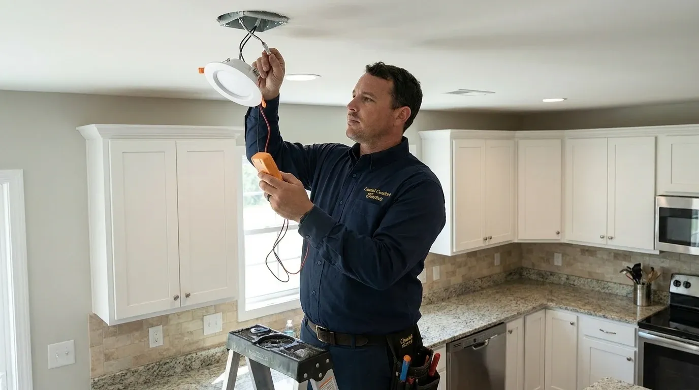 Coastal Comfort Electric technician verifying indoor lighting installation work in a Wilmington-area home.