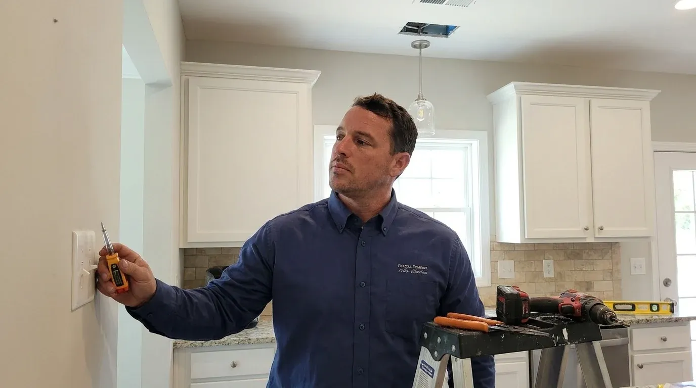 Coastal Comfort Electric Indoor Lighting Installation Field Review Coastal Comfort Electric technician checking electrical conditions for indoor lighting installation at a Wilmington-area home.