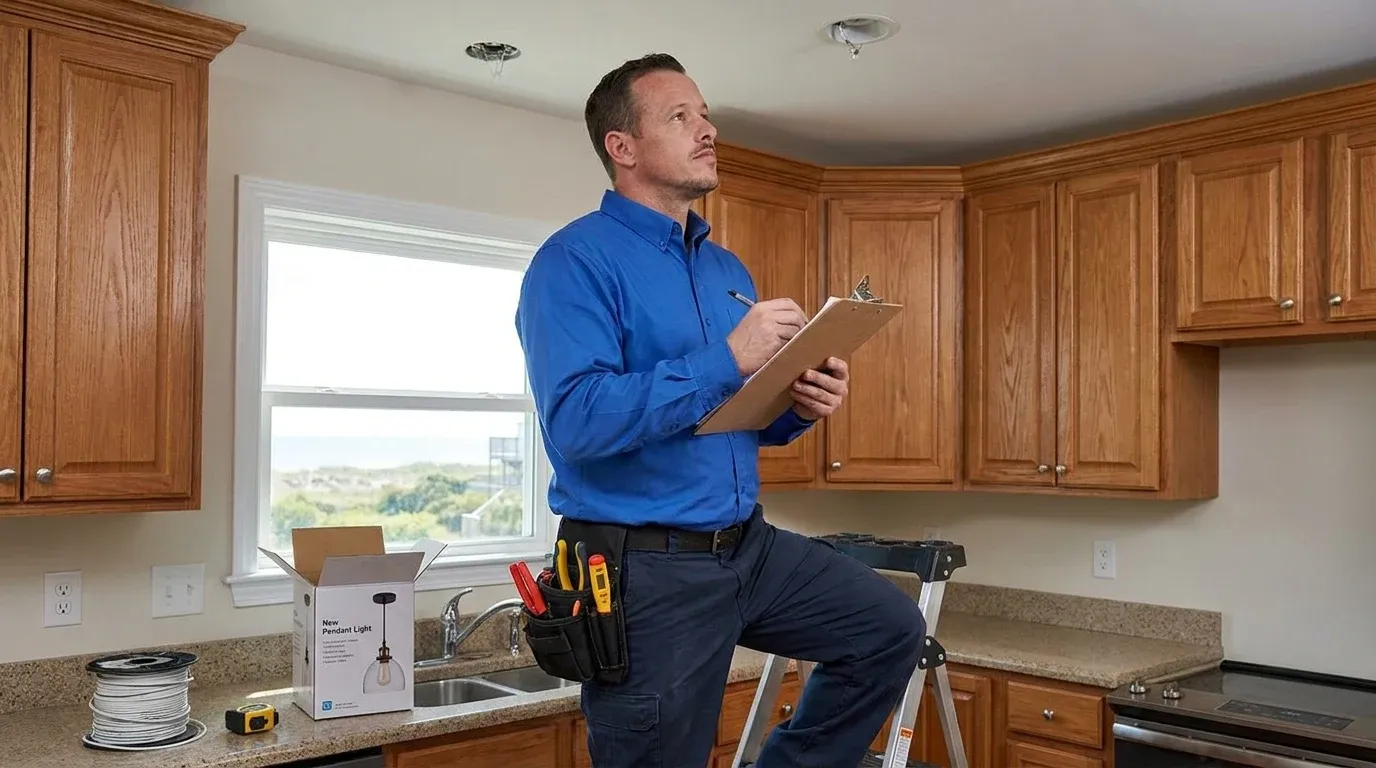 Coastal Comfort Electric Indoor Lighting Installation Planning Coastal Comfort Electric technician reviewing notes and materials for indoor lighting installation planning.