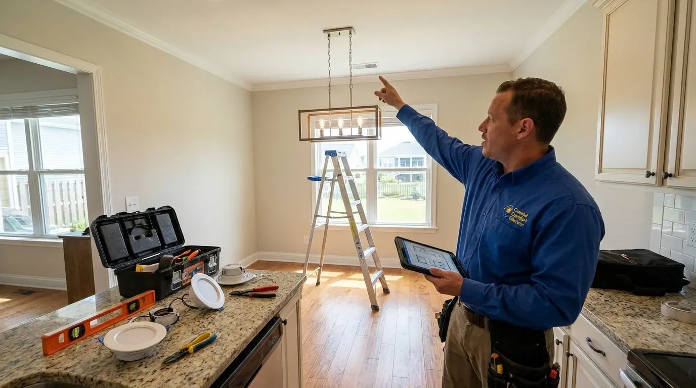 Coastal Comfort Electric technician reviewing indoor lighting installation needs at a Wilmington-area home.