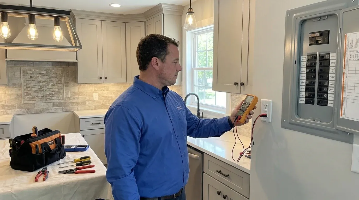 Coastal Comfort Electric technician verifying kitchen electrical upgrades work in a Wilmington-area home.