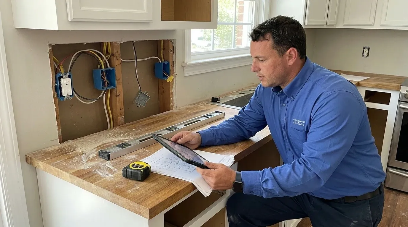 Coastal Comfort Electric technician checking electrical conditions for kitchen electrical upgrades at a Wilmington-area home.