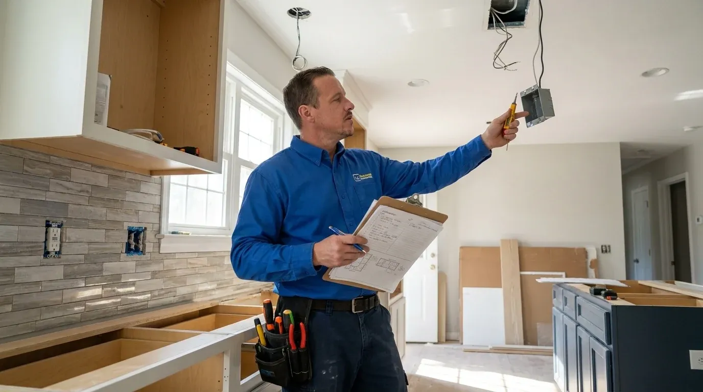 Coastal Comfort Electric technician reviewing notes and materials for kitchen electrical upgrades planning.