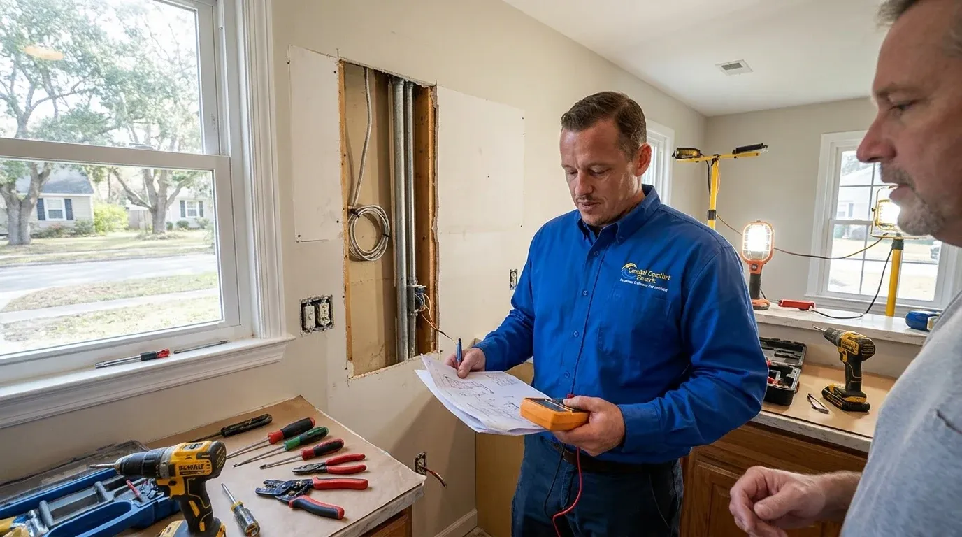 Coastal Comfort Electric technician reviewing kitchen electrical upgrades needs at a Wilmington-area home.