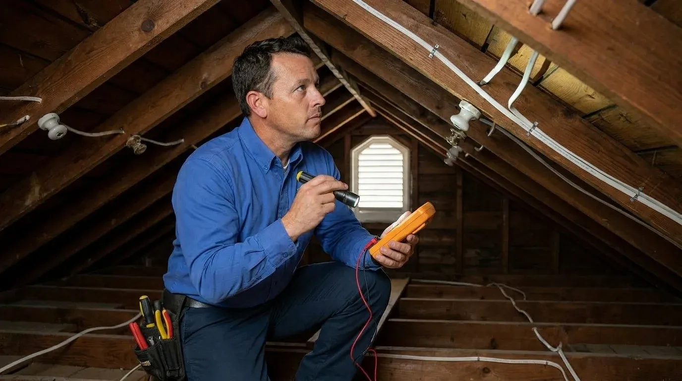 Coastal Comfort Electric technician verifying knob and tube wiring replacement work in a Wilmington-area home.