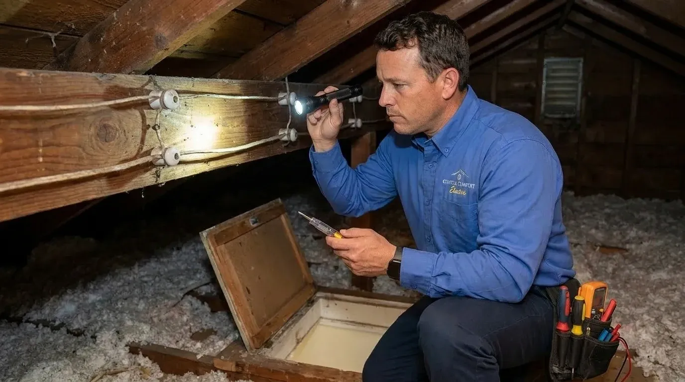 Coastal Comfort Electric Knob and Tube Wiring Replacement Field Review Coastal Comfort Electric technician checking electrical conditions for knob and tube wiring replacement at a Wilmington-area home.