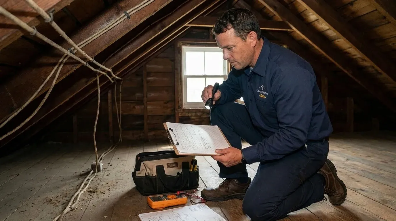 Coastal Comfort Electric Knob and Tube Wiring Replacement Planning Coastal Comfort Electric technician reviewing notes and materials for knob and tube wiring replacement planning.