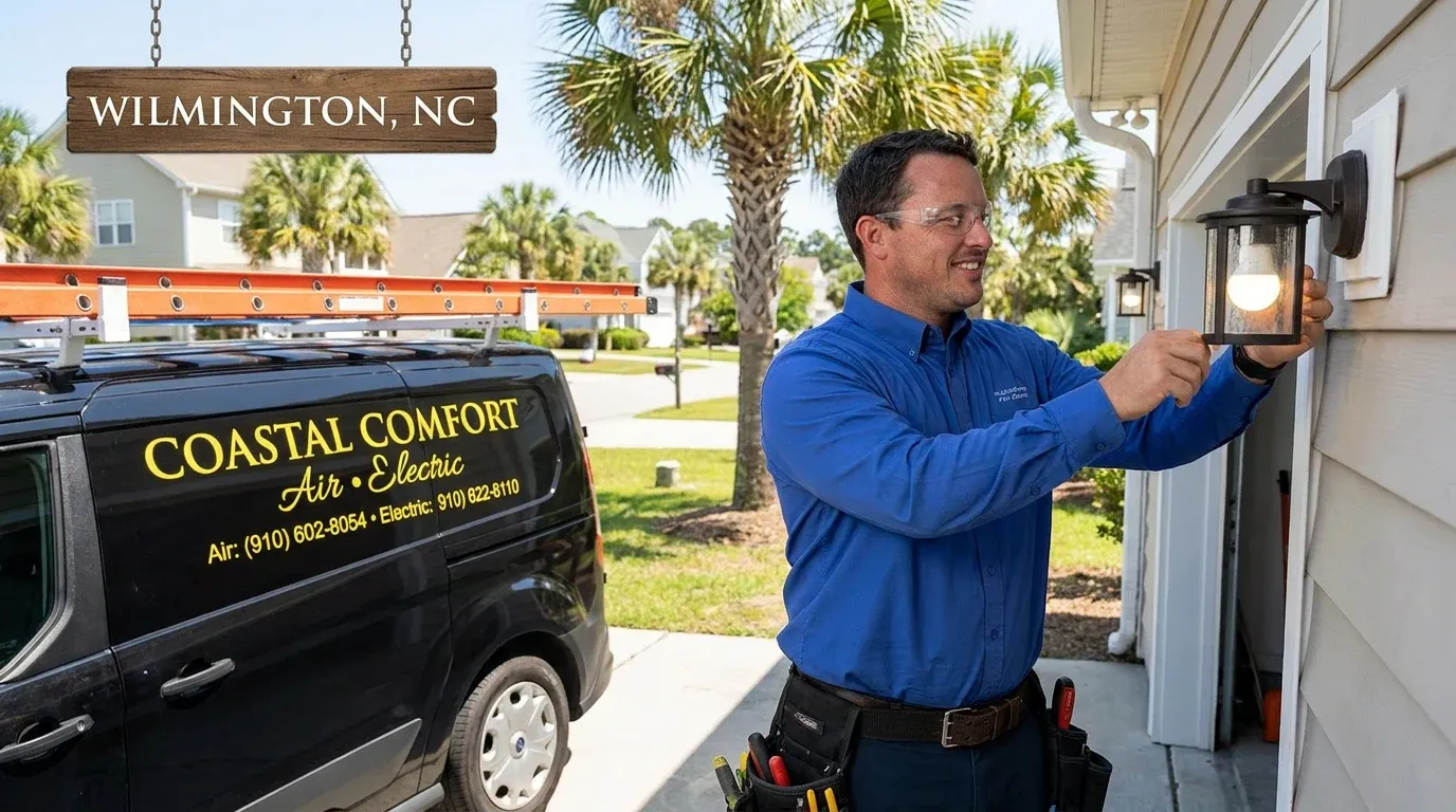 Coastal Comfort Electric technician verifying landscape lighting work in a Wilmington-area home.