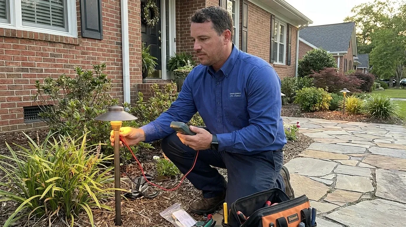 Coastal Comfort Electric Landscape Lighting Field Review Coastal Comfort Electric technician checking electrical conditions for landscape lighting at a Wilmington-area home.