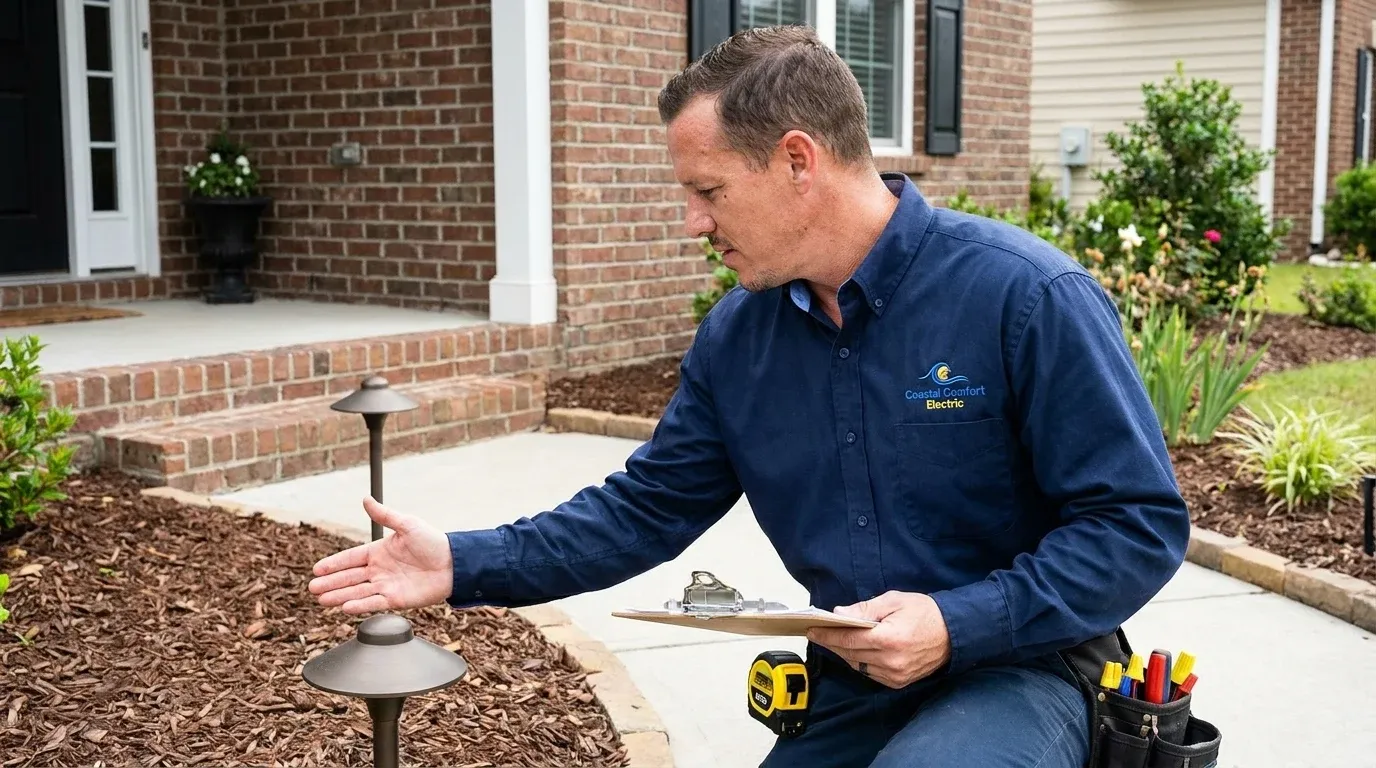 Coastal Comfort Electric Landscape Lighting Planning Coastal Comfort Electric technician reviewing notes and materials for landscape lighting planning.