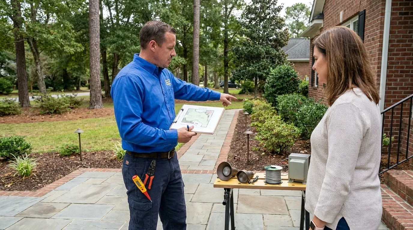 Coastal Comfort Electric technician reviewing landscape lighting needs at a Wilmington-area home.