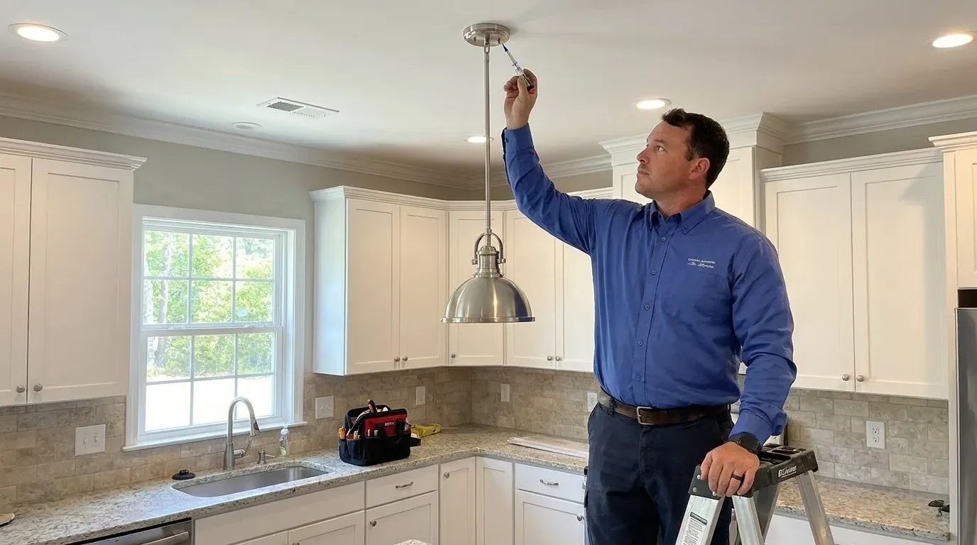 Coastal Comfort Electric technician verifying light fixture installation work in a Wilmington-area home.