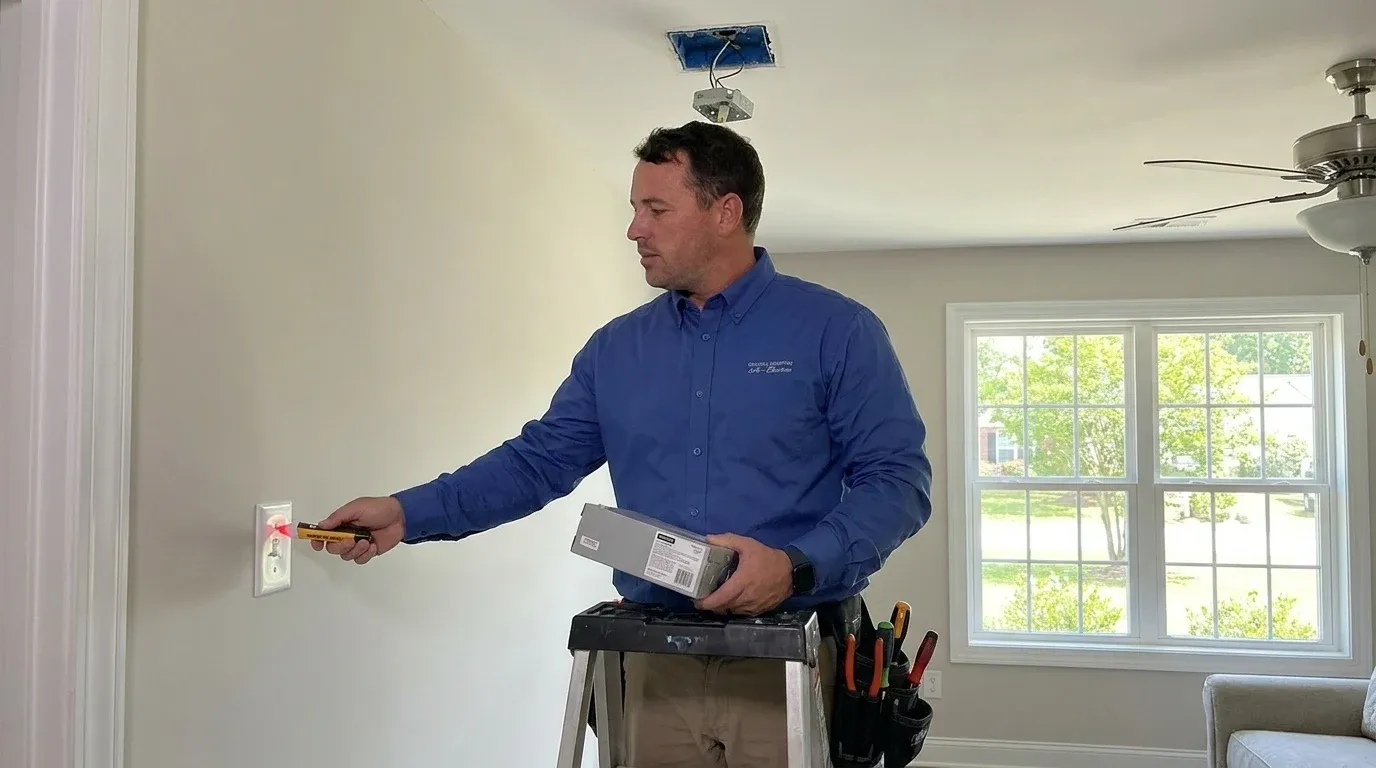 Coastal Comfort Electric Light Fixture Installation Field Review Coastal Comfort Electric technician checking electrical conditions for light fixture installation at a Wilmington-area home.