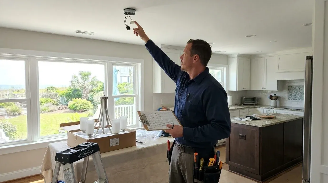 Coastal Comfort Electric Light Fixture Installation Planning Coastal Comfort Electric technician reviewing notes and materials for light fixture installation planning.