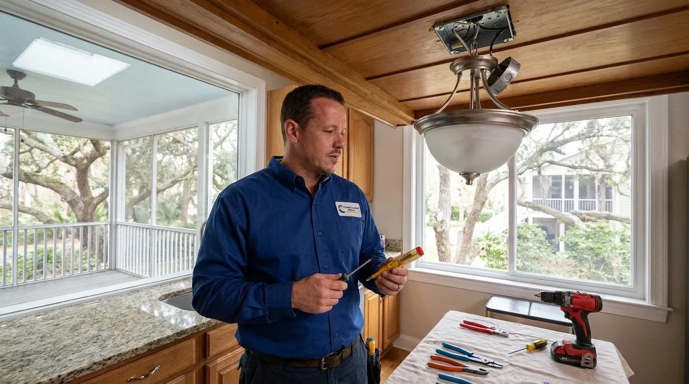 Coastal Comfort Electric technician reviewing light fixture installation needs at a Wilmington-area home.