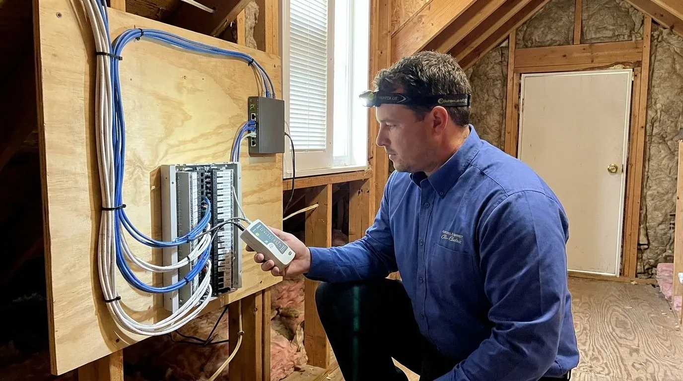 Coastal Comfort Electric technician verifying low voltage wiring work in a Wilmington-area home.