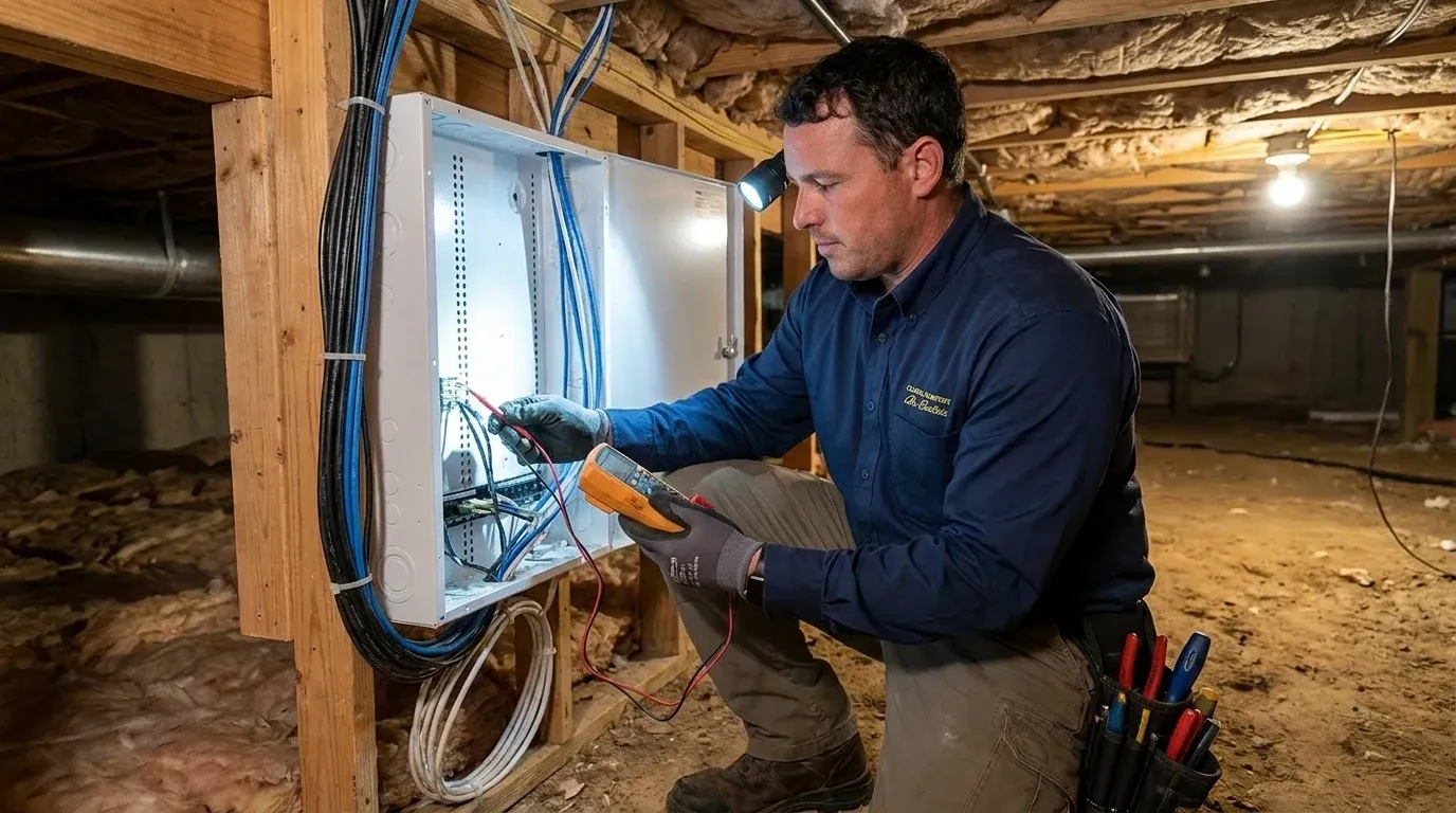 Coastal Comfort Electric Low Voltage Wiring Field Review Coastal Comfort Electric technician checking electrical conditions for low voltage wiring at a Wilmington-area home.