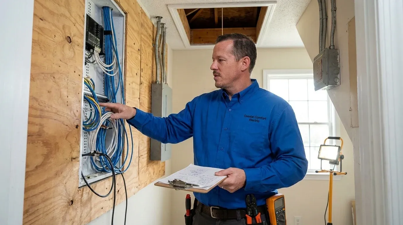 Coastal Comfort Electric Low Voltage Wiring Planning Coastal Comfort Electric technician reviewing notes and materials for low voltage wiring planning.