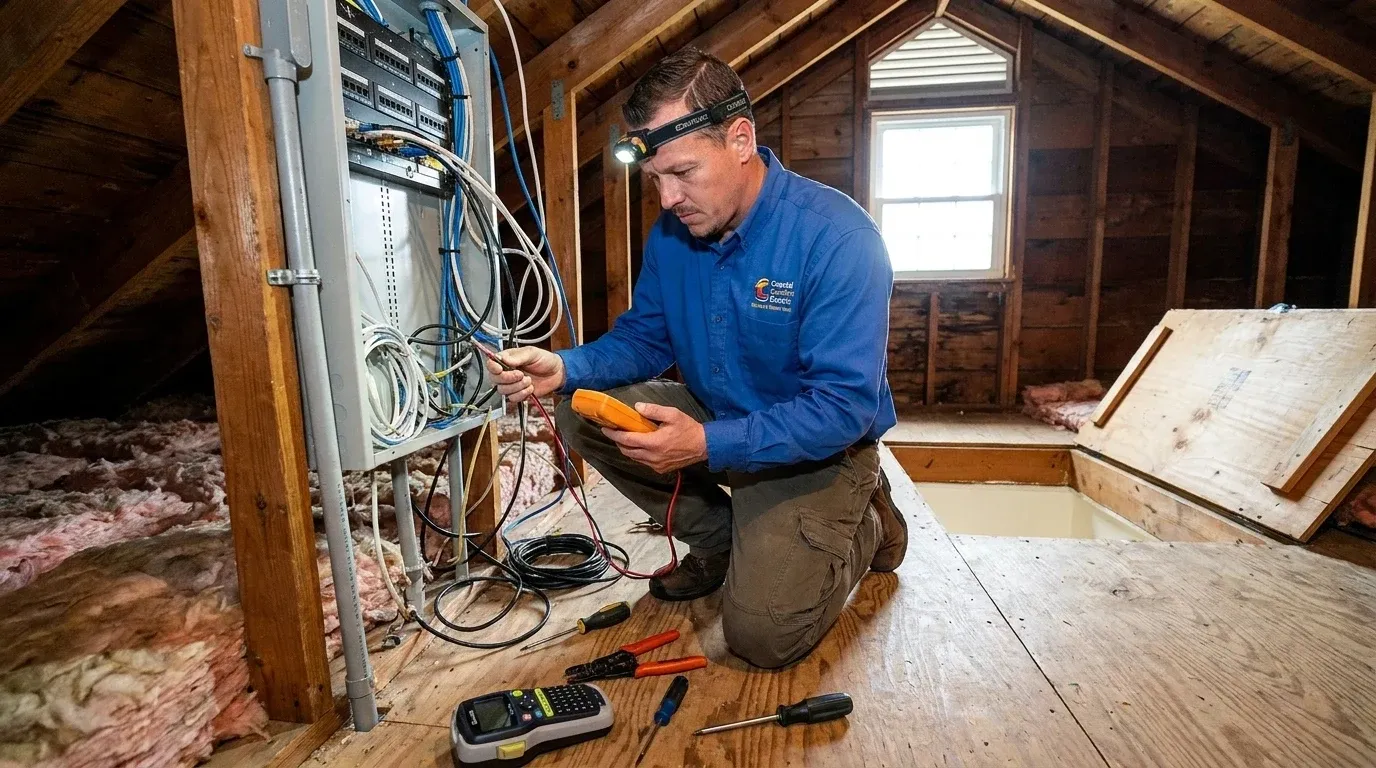 Coastal Comfort Electric technician reviewing low voltage wiring needs at a Wilmington-area home.