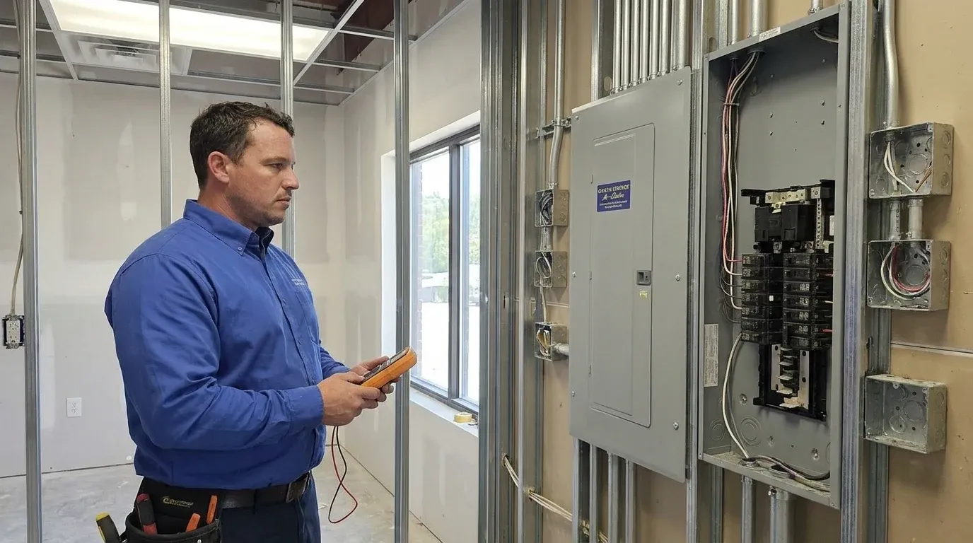 Coastal Comfort Electric Office Electrical Services Verification Coastal Comfort Electric technician verifying office electrical services work in a Wilmington-area commercial property.