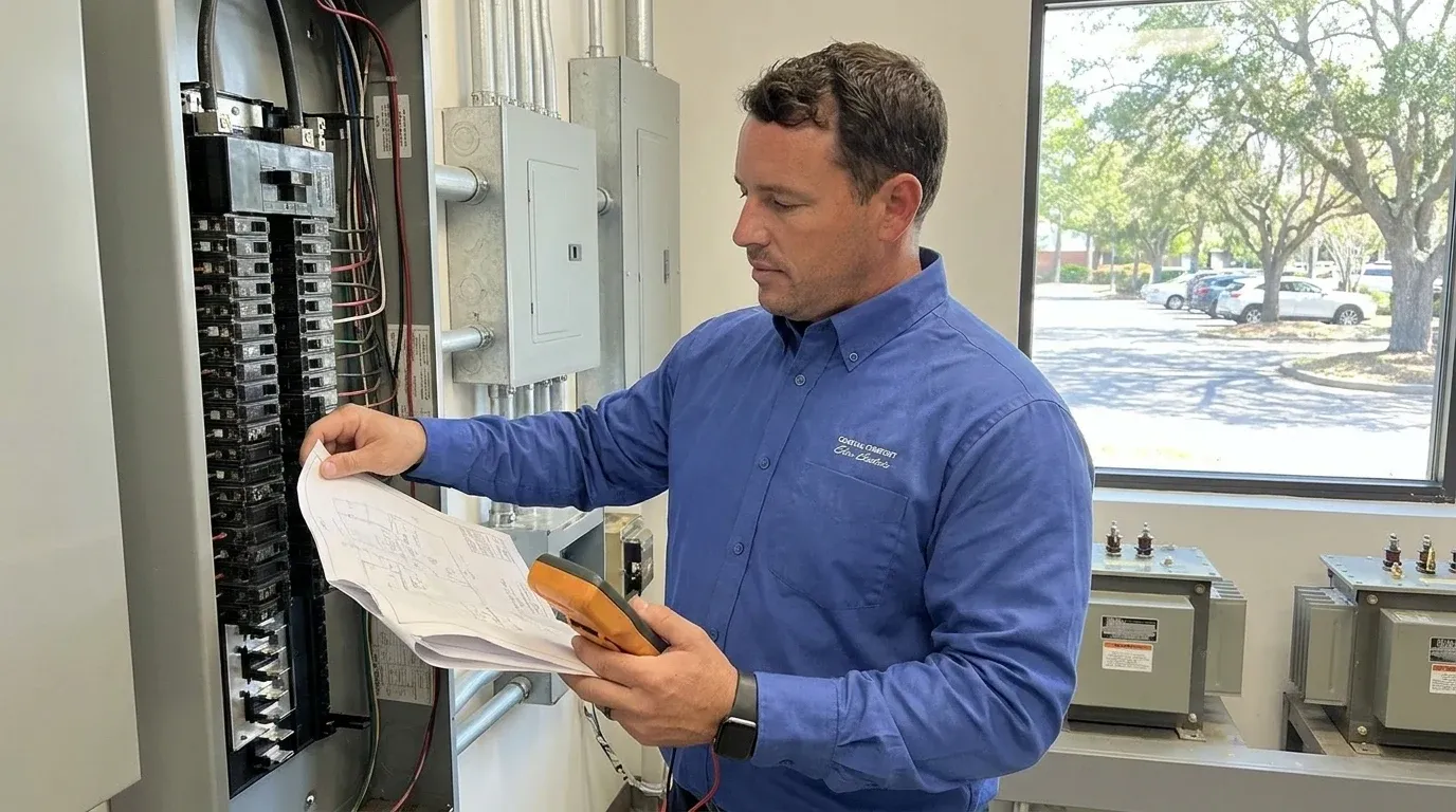 Coastal Comfort Electric Office Electrical Services Field Review Coastal Comfort Electric technician checking electrical conditions for office electrical services at a Wilmington-area commercial property.