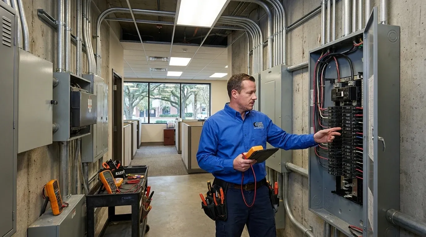 Coastal Comfort Electric technician reviewing office electrical services needs at a Wilmington-area commercial property.