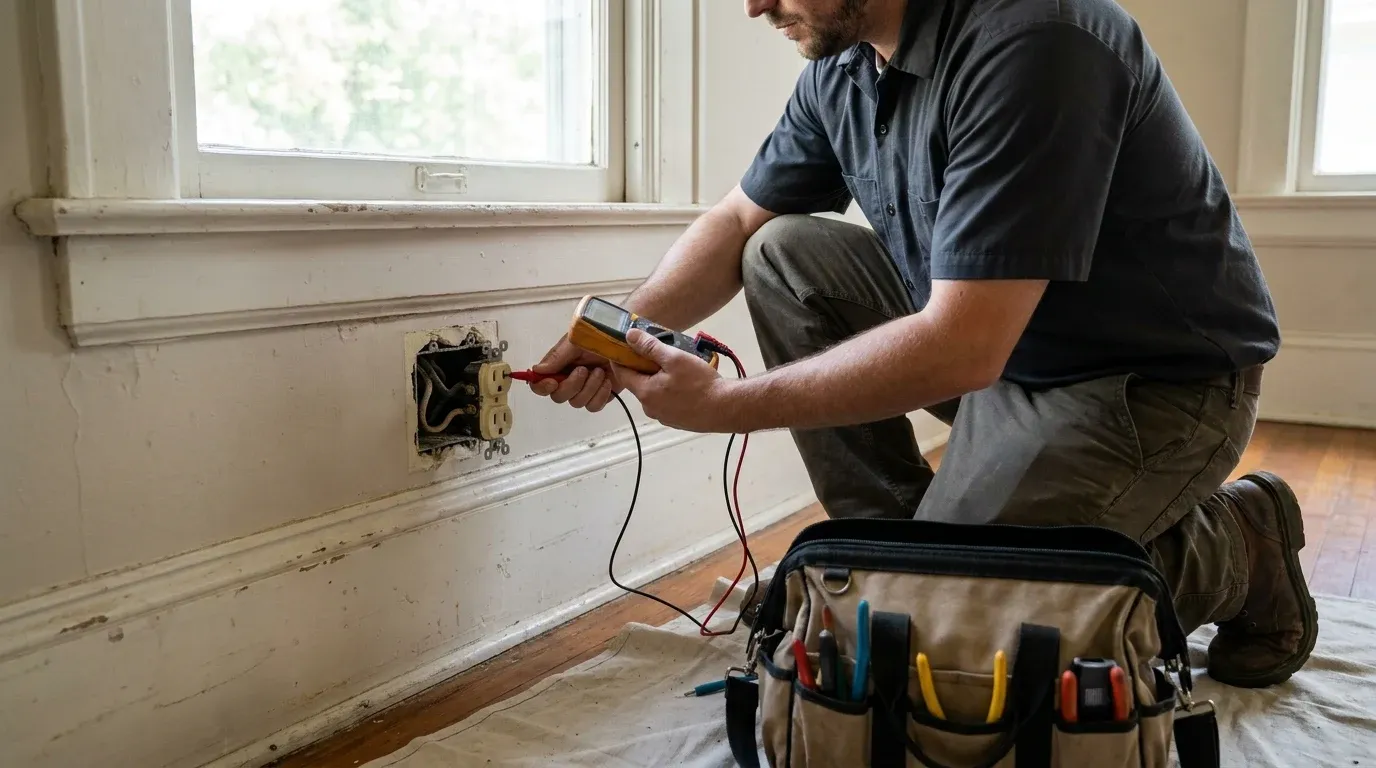 Coastal Comfort Electric Old House Wiring Repair Scope Review Coastal Comfort Electric technician checking residential electrical conditions for old house wiring repair.