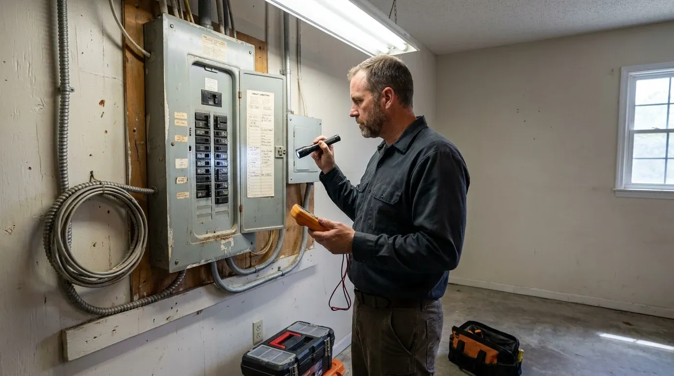 Coastal Comfort Electric Old House Wiring Repair Planning Coastal Comfort Electric technician reviewing notes for old house wiring repair planning.