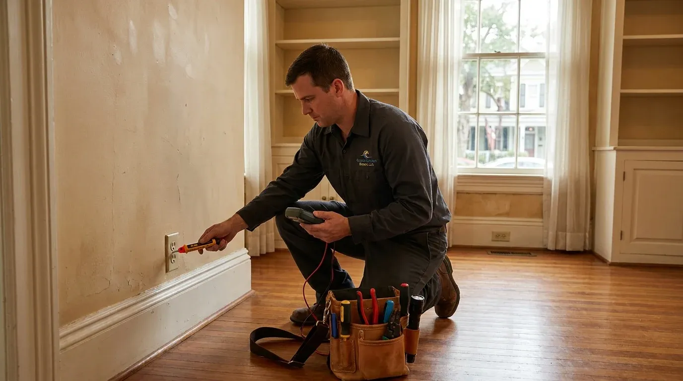 Coastal Comfort Electric technician reviewing old house wiring repair needs in a Wilmington-area home.
