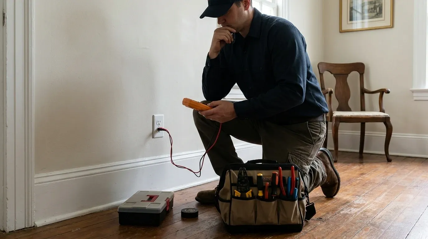 Coastal Comfort Electric technician verifying old house wiring repair work in a residential utility area.