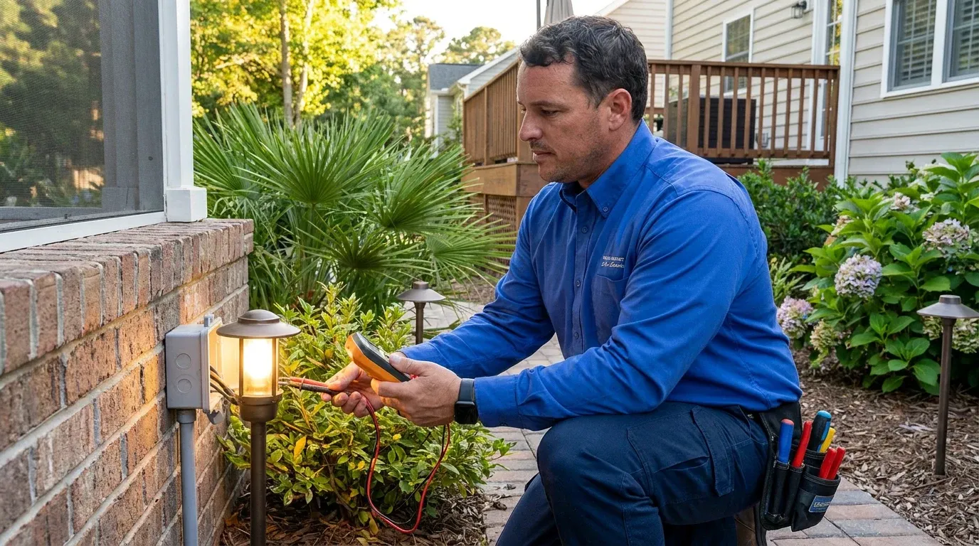 Coastal Comfort Electric technician verifying outdoor lighting installation work in a Wilmington-area home.