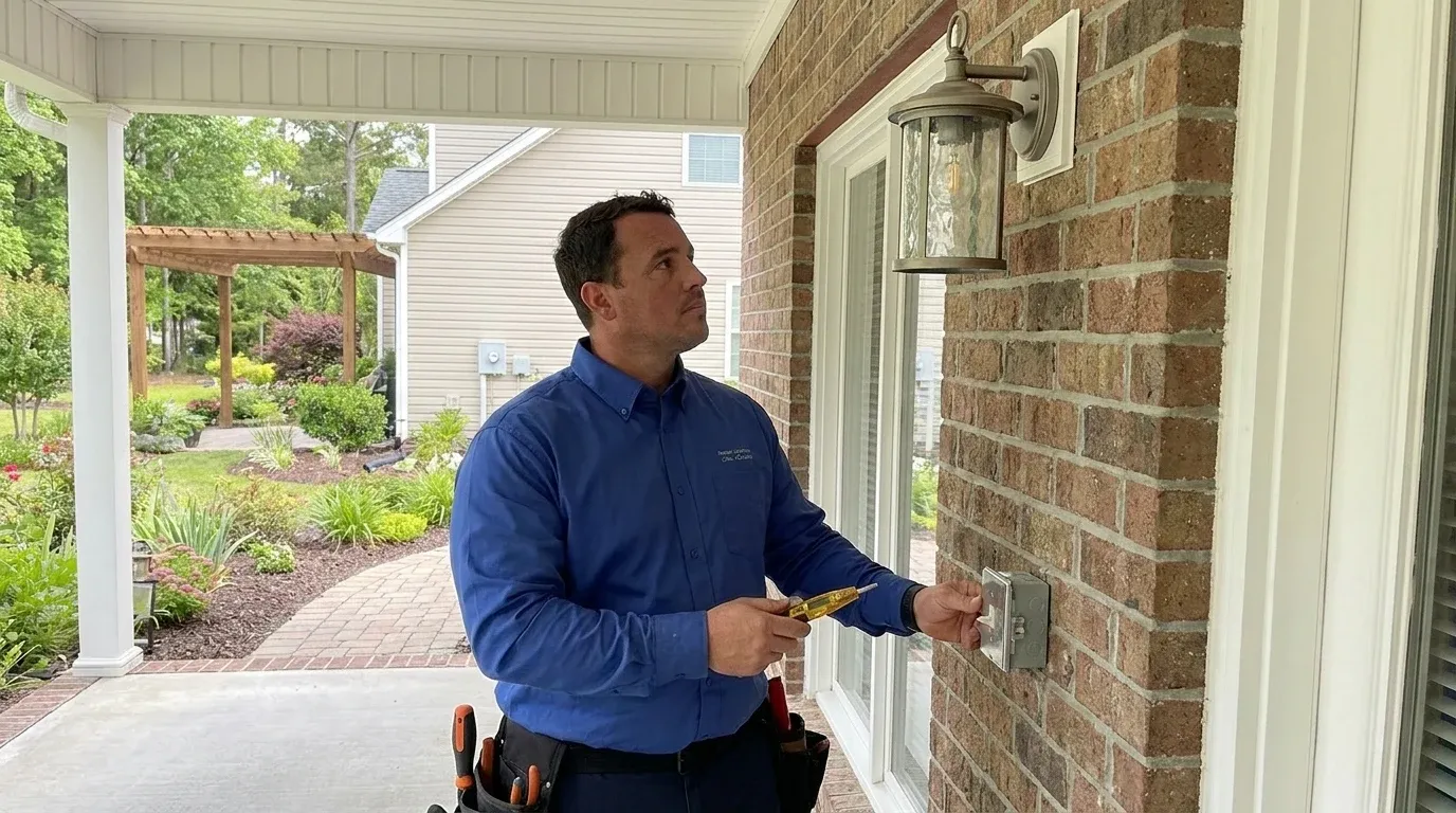 Coastal Comfort Electric Outdoor Lighting Installation Field Review Coastal Comfort Electric technician checking electrical conditions for outdoor lighting installation at a Wilmington-area home.