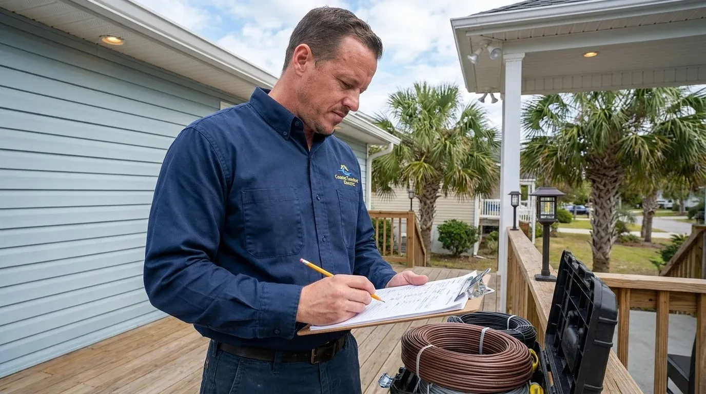 Coastal Comfort Electric Outdoor Lighting Installation Planning Coastal Comfort Electric technician reviewing notes and materials for outdoor lighting installation planning.