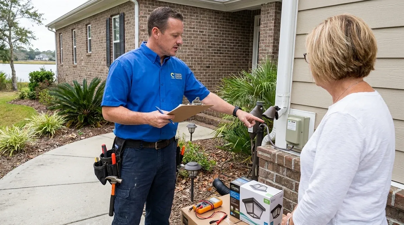 Coastal Comfort Electric technician reviewing outdoor lighting installation needs at a Wilmington-area home.