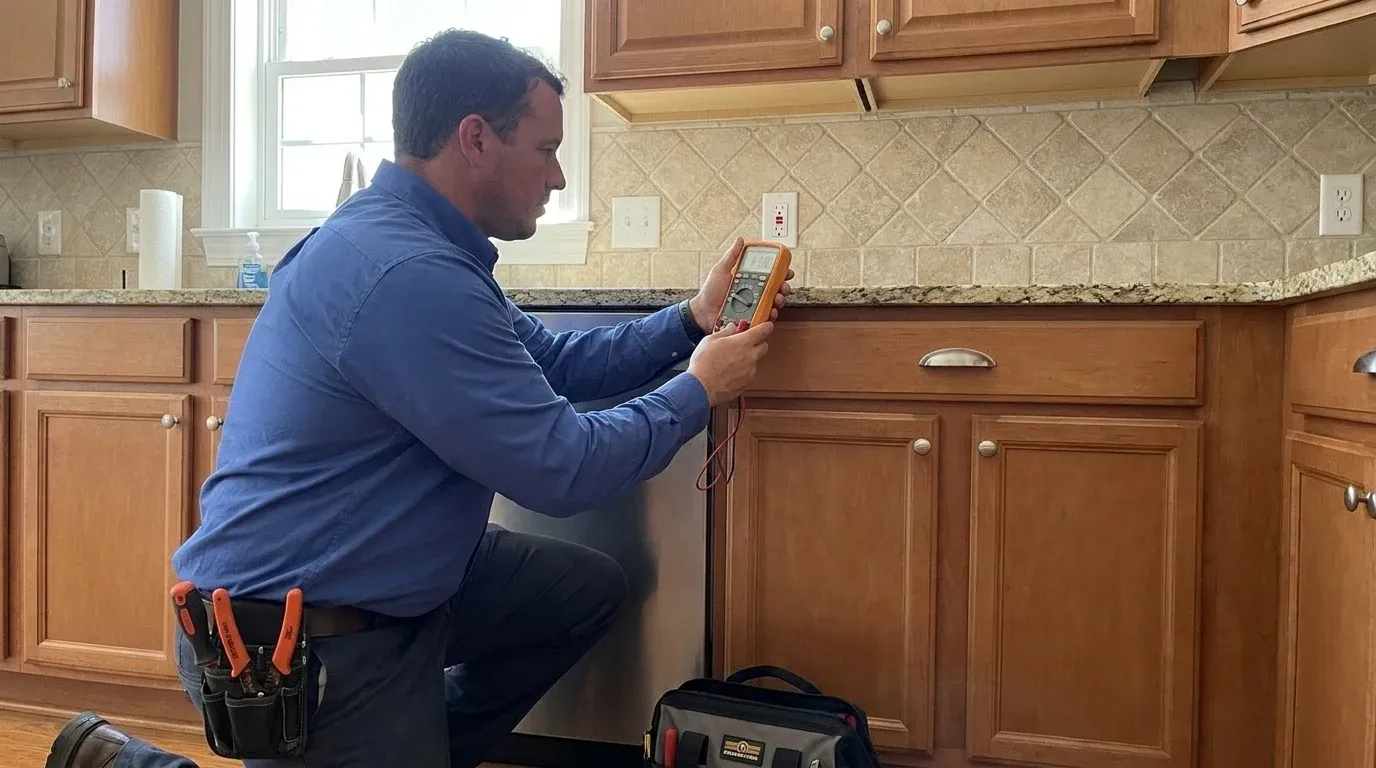 Coastal Comfort Electric technician verifying outlet installation work in a Wilmington-area home.