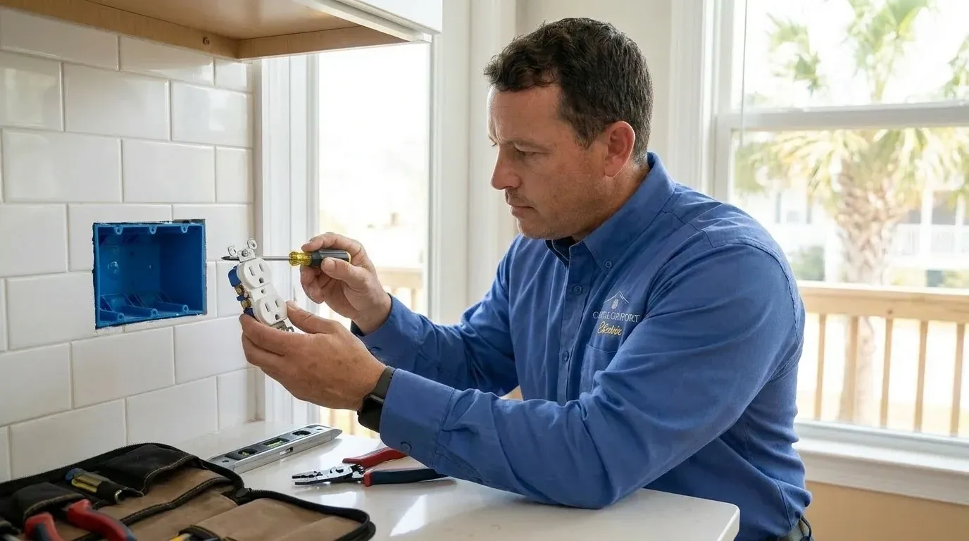 Coastal Comfort Electric Outlet Installation Field Review Coastal Comfort Electric technician checking electrical conditions for outlet installation at a Wilmington-area home.