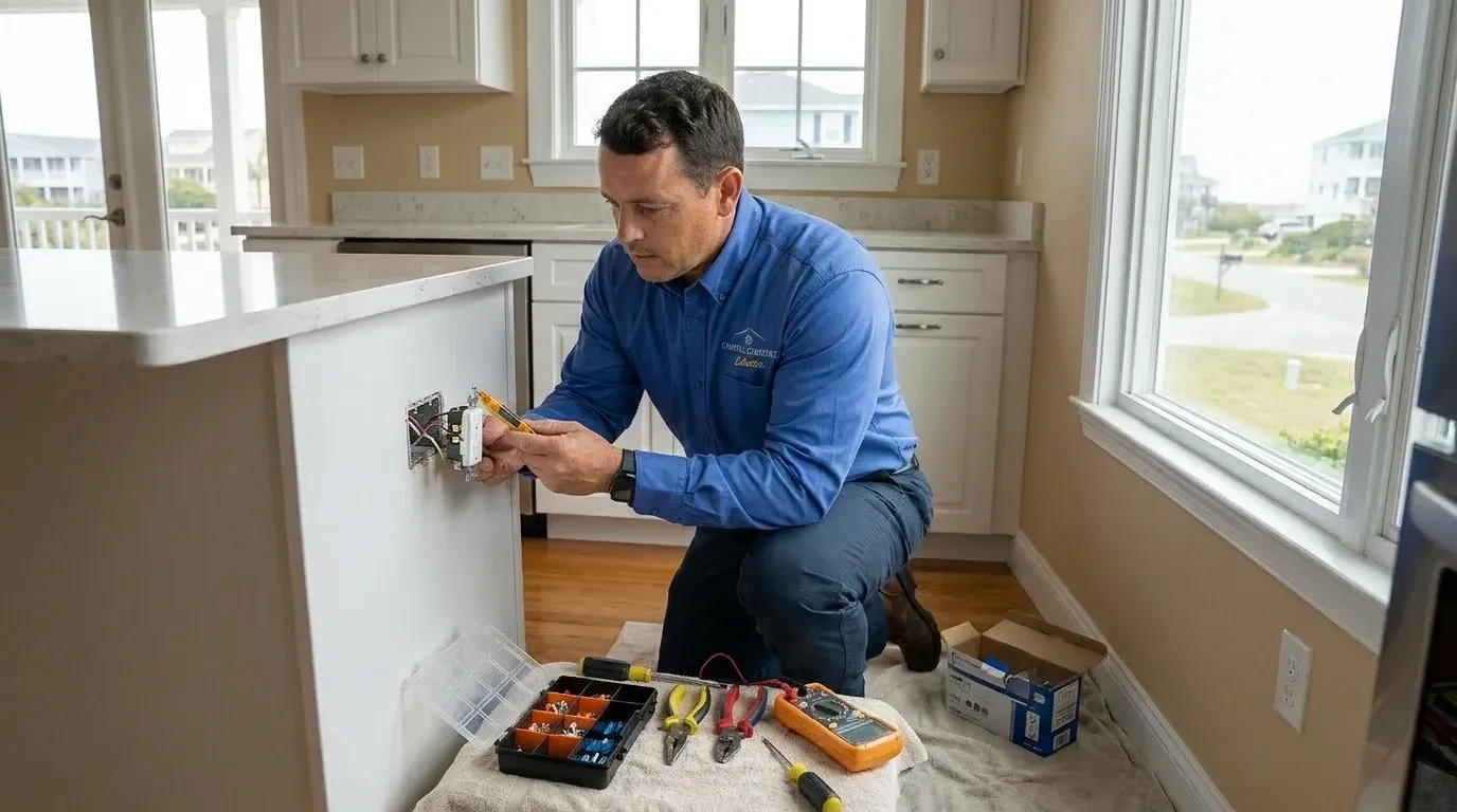 Coastal Comfort Electric technician reviewing outlet installation needs at a Wilmington-area home.