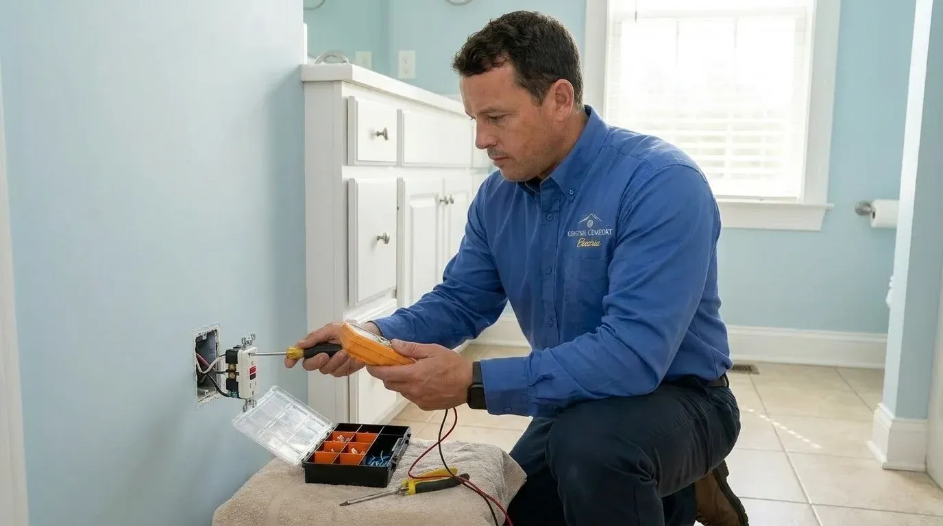 Coastal Comfort Electric Outlet Repair Field Review Coastal Comfort Electric technician checking electrical conditions for outlet repair at a Wilmington-area home.