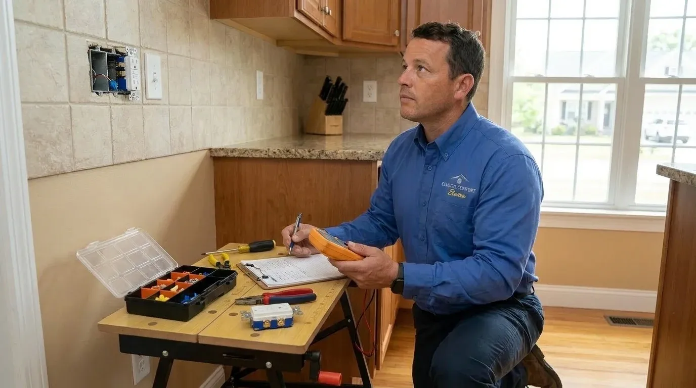 Coastal Comfort Electric Outlet Repair Planning Coastal Comfort Electric technician reviewing notes and materials for outlet repair planning.