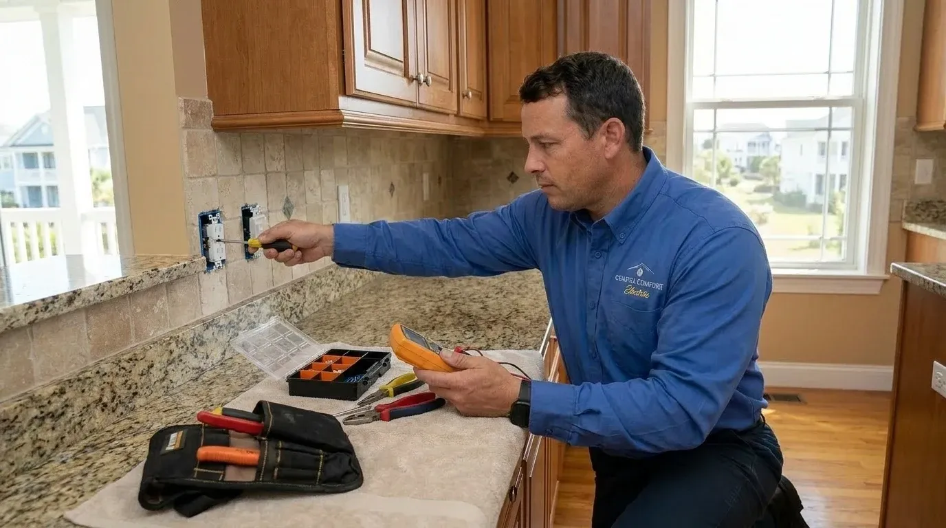 Coastal Comfort Electric technician reviewing outlet repair needs at a Wilmington-area home.