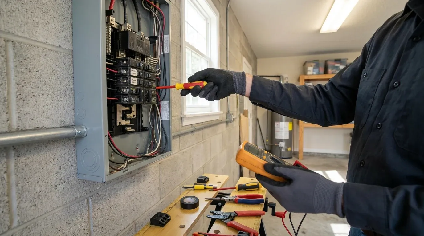 Coastal Comfort Electric technician testing breaker behavior during a residential panel repair visit.