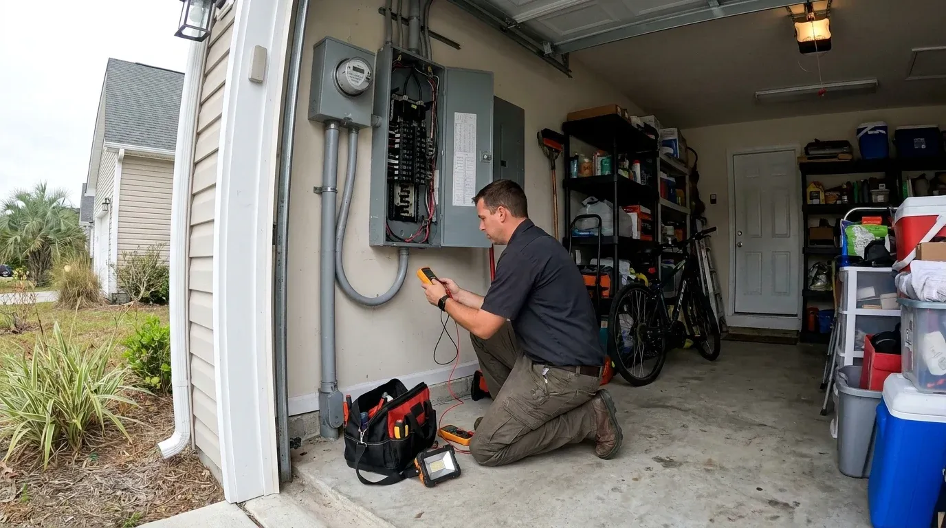 Coastal Comfort Electric technician diagnosing a residential electrical panel repair issue in a Wilmington area home.