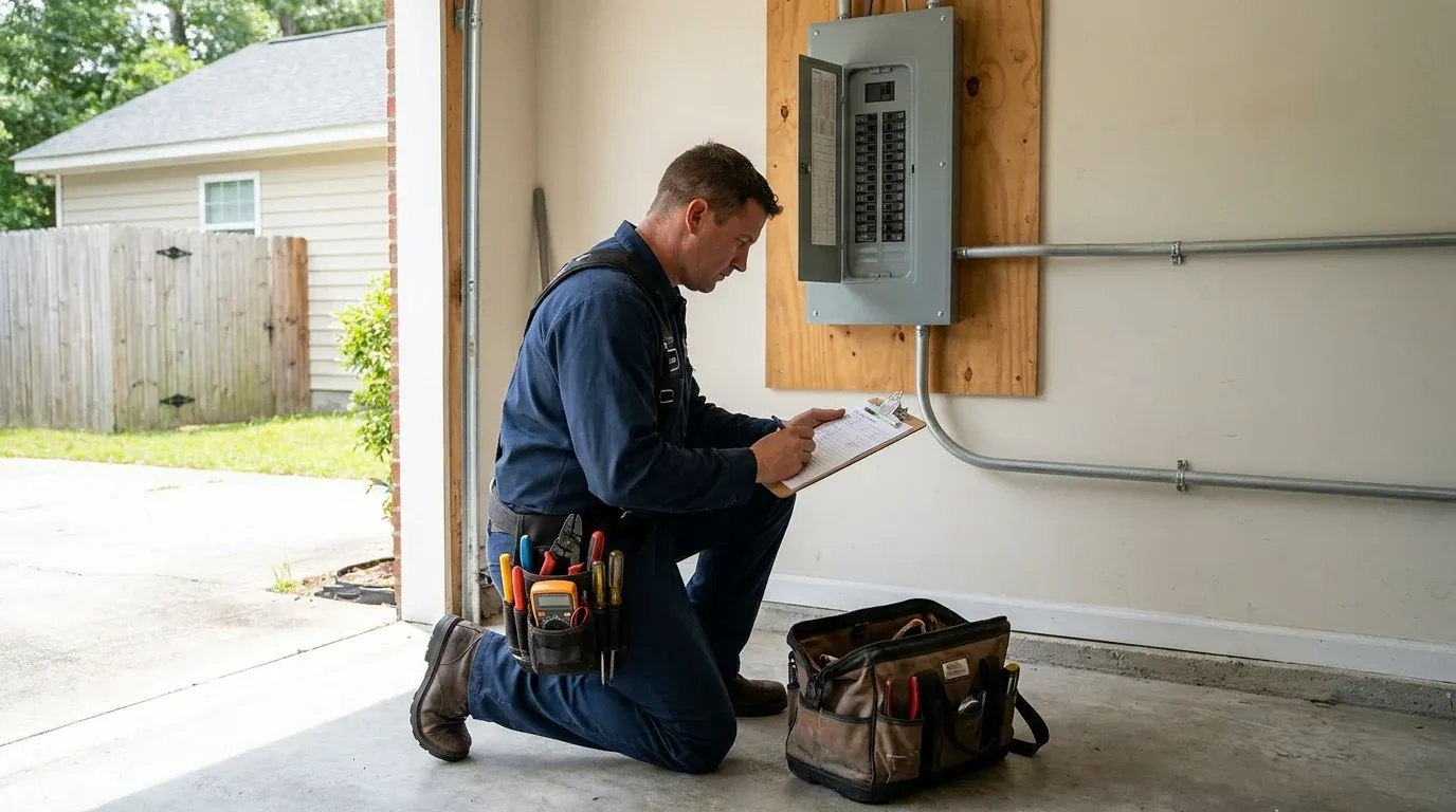 Coastal Comfort Electric technician reviewing panel repair notes and tools in a residential utility area.