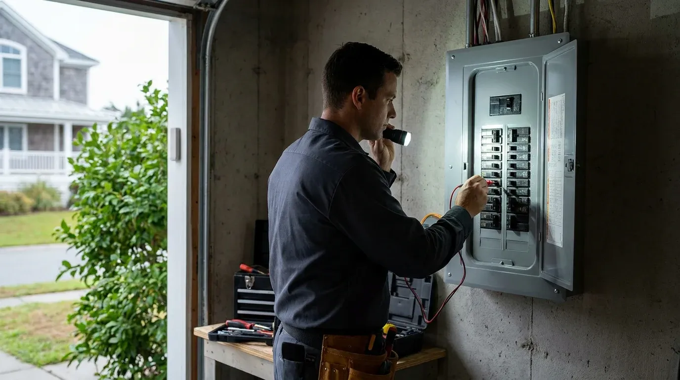 Coastal Comfort Electric technician verifying residential panel repair work after service.