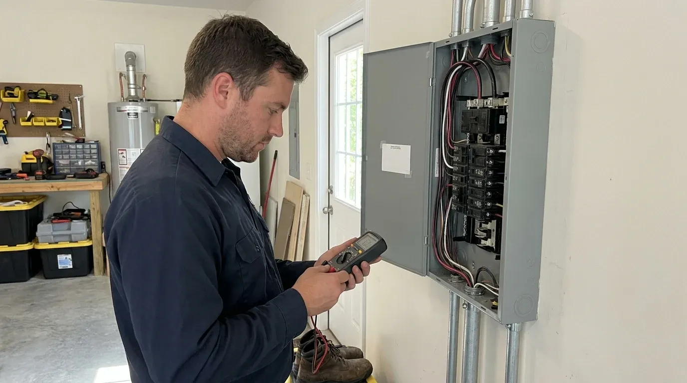 Coastal Comfort Electric technician verifying residential panel replacement work in a utility area.
