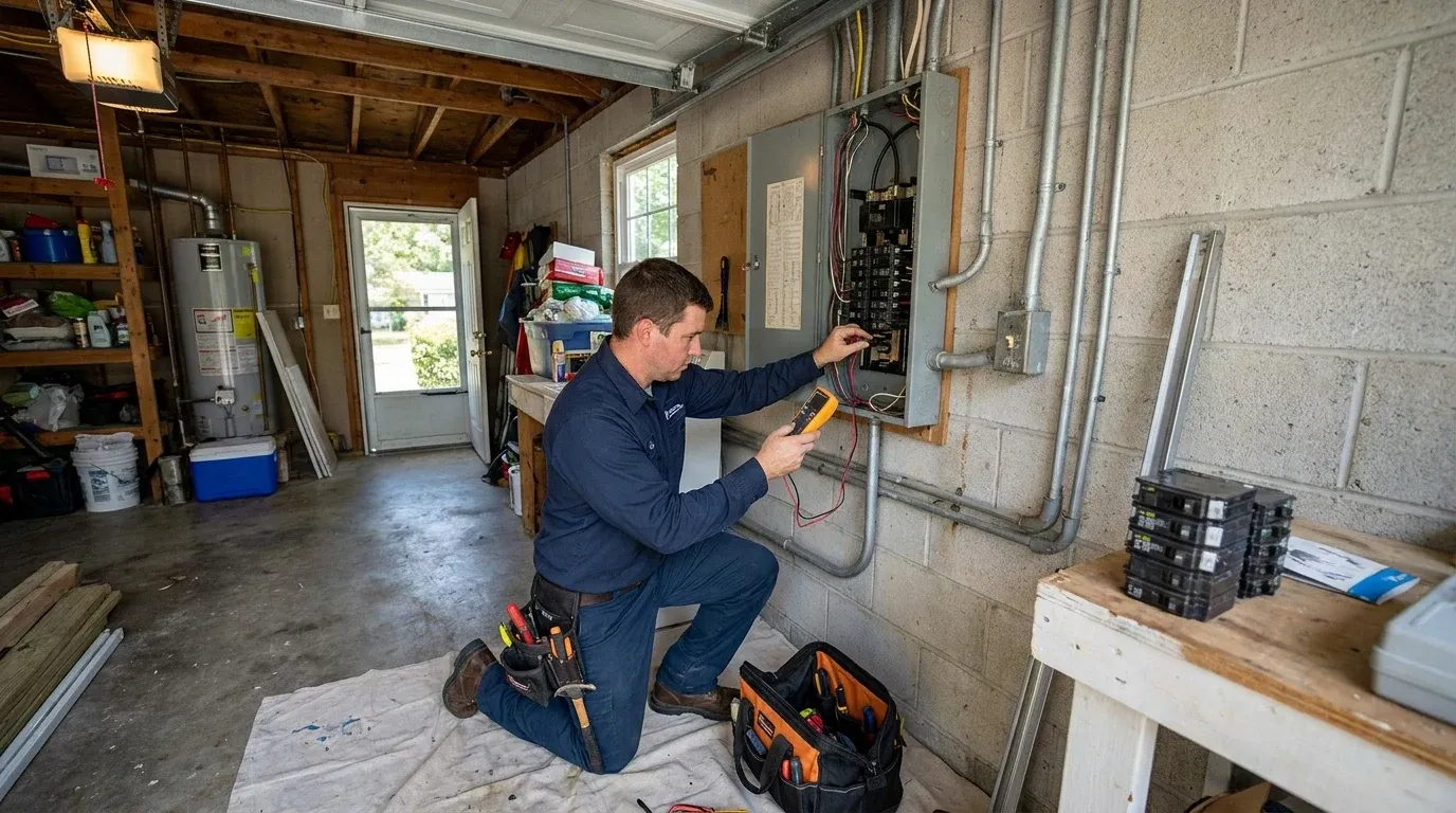 Coastal Comfort Electric technician evaluating a residential electrical panel for replacement in a Wilmington area home.