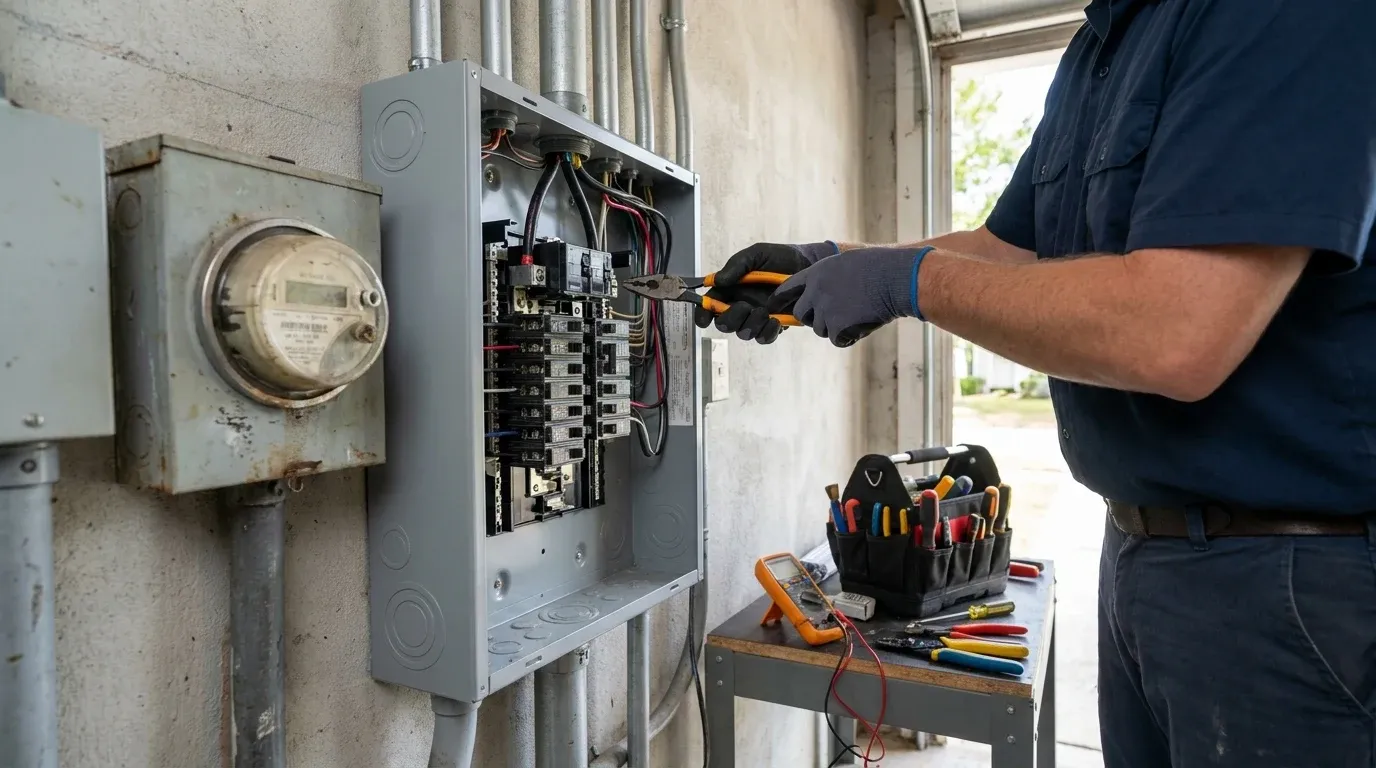 Residential Panel Condition Review Coastal Comfort Electric technician reviewing an existing residential electrical panel before replacement planning.
