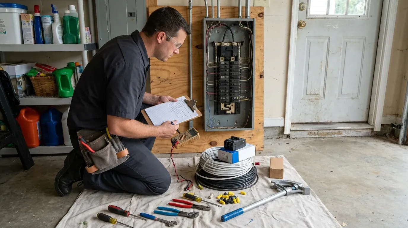 Panel Replacement Scope Review Coastal Comfort Electric technician reviewing notes and tools for a residential panel replacement project.